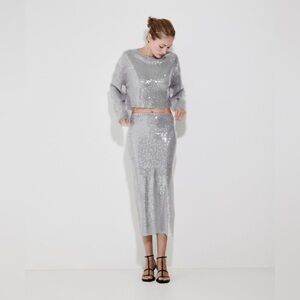 NWT Zara Woman Silver Gray Sequins Sequined Midi Skirt Size M Medium